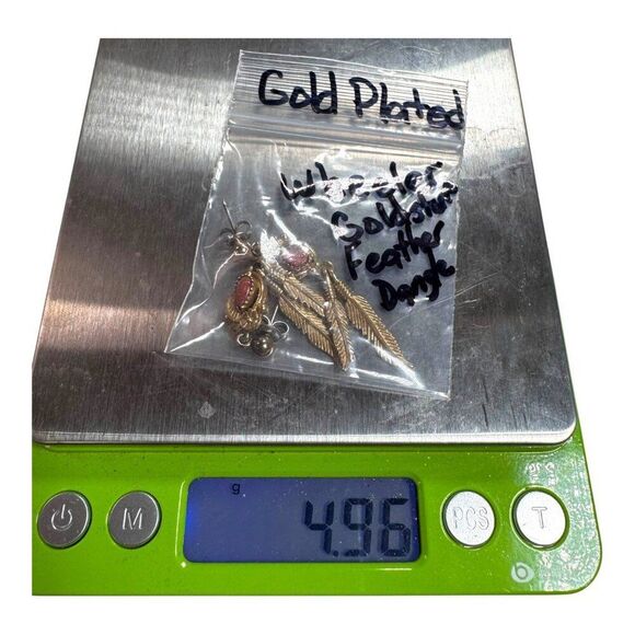 Vtg WMCO WHEELER SOUTHWESTERN Gold Tone Goldstone Feather Dangle EARRINGS Post - Picture 9 of 9